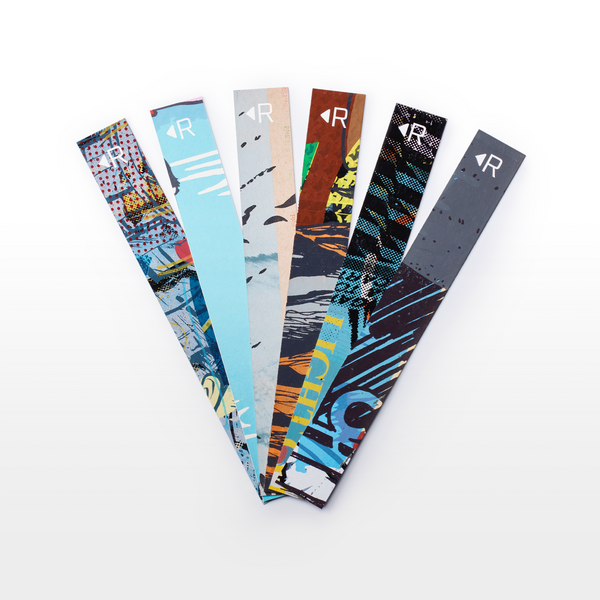Resketch Bookmarks fanned out each made from 100% reclaimed and rescued concert posters. Each book mark is different.