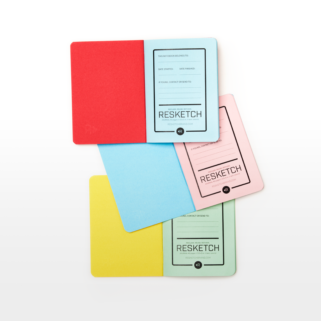 Examples of the interior pages of The Limited-Edition Journal by Resketch, made from various reclaimed, rescued, and upcycled paper and has zero-waste packaging. Each notebook has an interior bookplate the owner can fill out with their personal contact information. Every journal has a unique mix of paper types inside - You will find colored paper stock inside in blue, pink and green colors. 