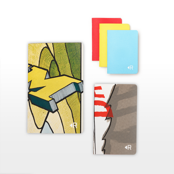 The limited-edition Notebook bundle includes the Limited-Edition Journal. The Sketch made from reclaimed concert posters by Chicago artist The Bird Machine and others. and The Draft Notebook is made from reclaimed comic book art by Chicago artist Sean Dove. 