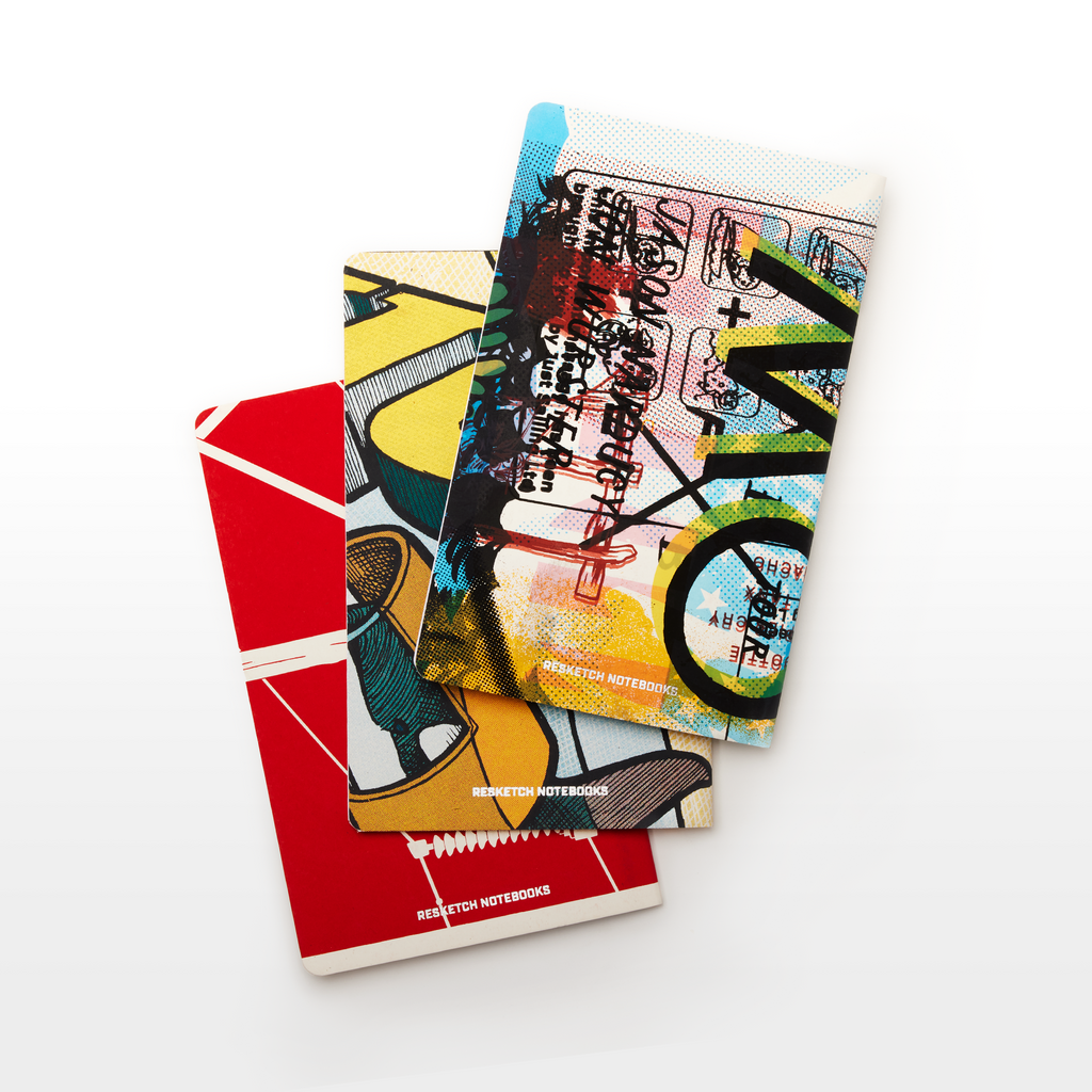 Examples of the imany back covers of The Sketch Notebook by Resketch is a saddle-stiched notebook made from reclaimed, rescued, and upcycled concert posters by Chicago-based artist The Bird Machine and others. The Sketch is eco-friendly and environmentally sustainable.
