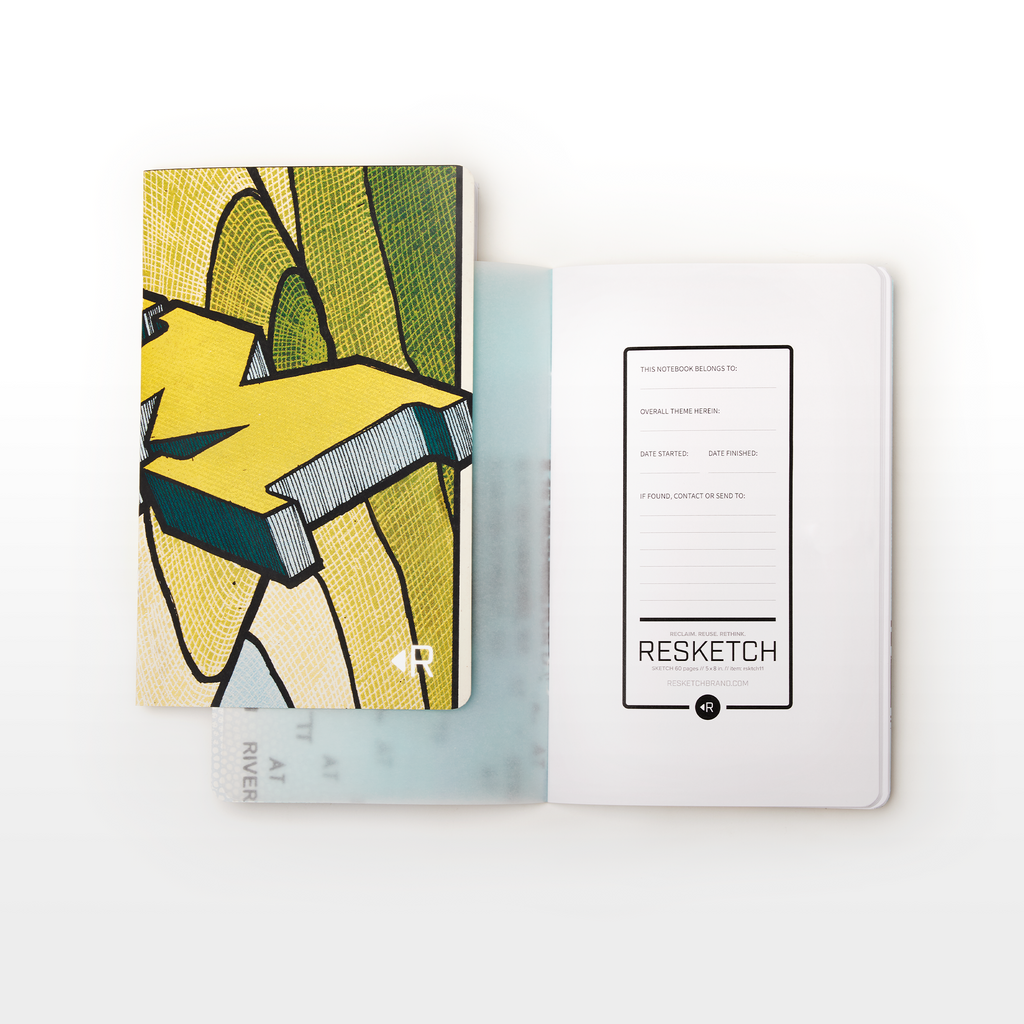 Examples of the interior pages and bookplate of The Sketch Notebook by Resketch is a saddle-stiched notebook made from reclaimed, rescued, and upcycled concert posters by Chicago-based artist The Bird Machine and others. The Sketch is eco-friendly and environmentally sustainable.