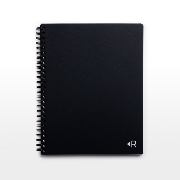 The Notebook by Resketch. is a 7x9 inch black notebook with a white logo embossed on the cover in white. Made with 100% reclaimed, recused, and upcycled paper and zero waste packaging. It is the most eco-friendly and environmentally sustainable notebook on the market.