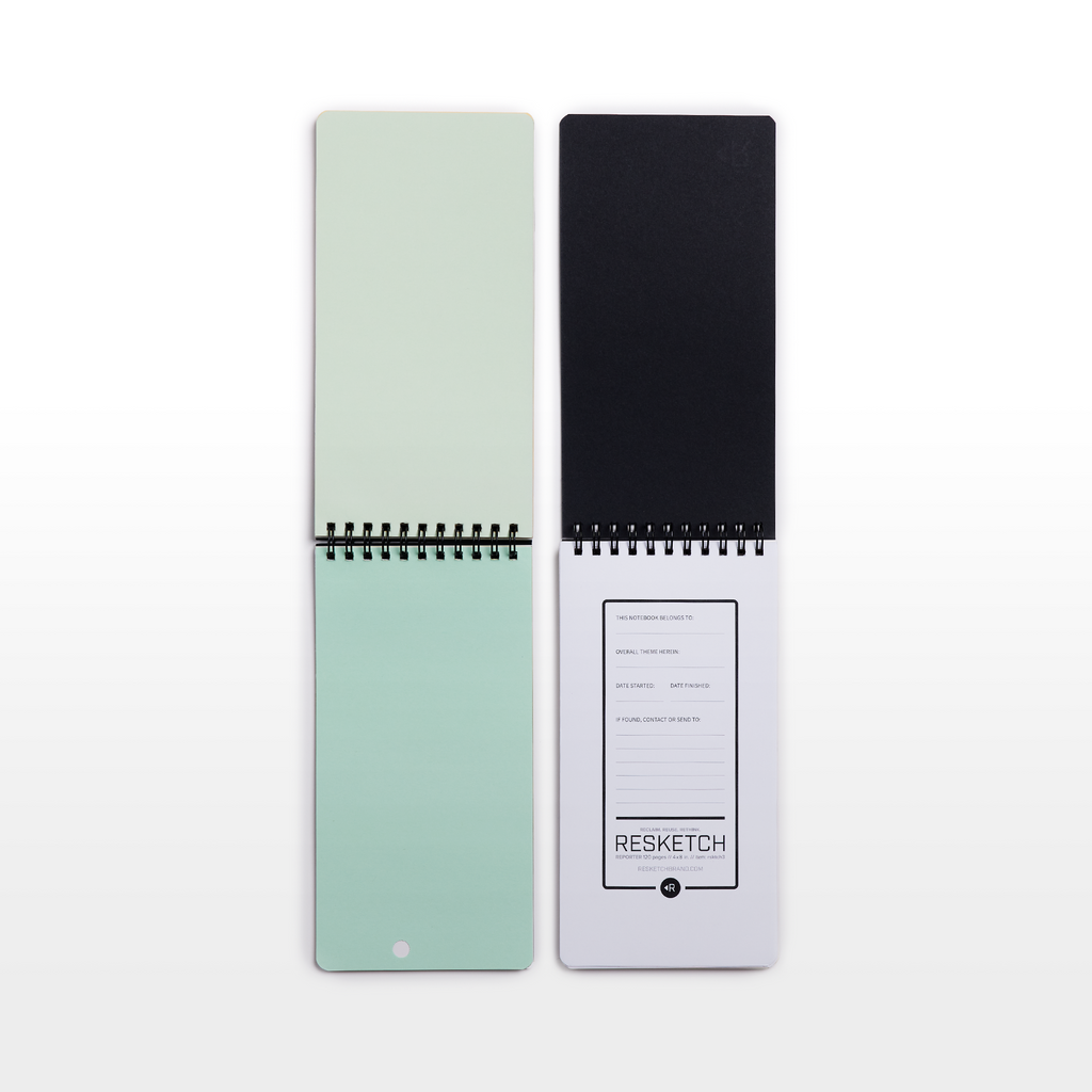 Examples of the interior pages of The Reporter by Resketch. It is made from 100% reclaimed, reused, and upcycled paper. It is eco-friendly and environmentally sustainable being made from various paper types such as white, colored neutral, lined, grided, blueprints, maps, and many more.