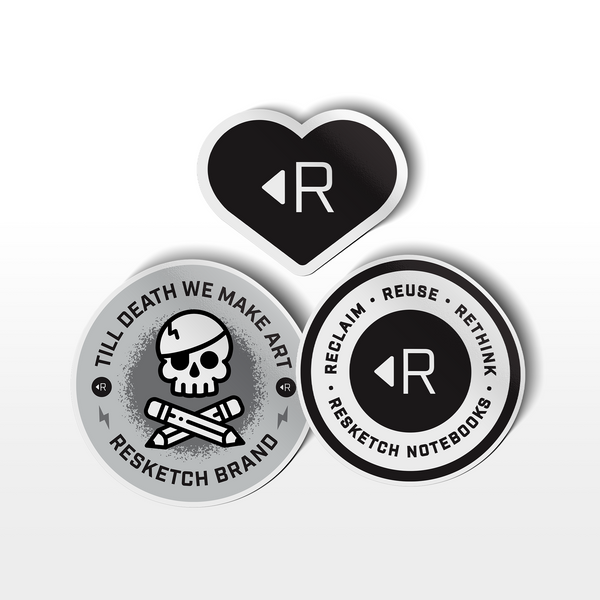 Collection of resketch vinyl stickers in black, white, and grey colors.